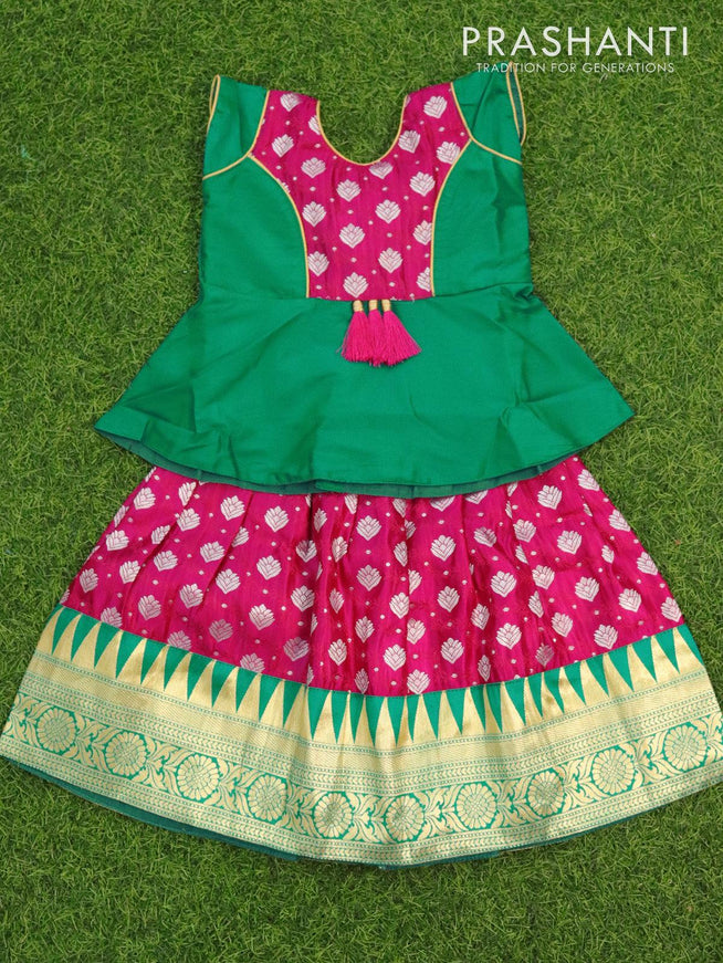 Banarasi kids lehanga teal green and pink with patch work neck pattern and allover zari weaves & floral zari border for 1 years - {{ collection.title }} by Prashanti Sarees