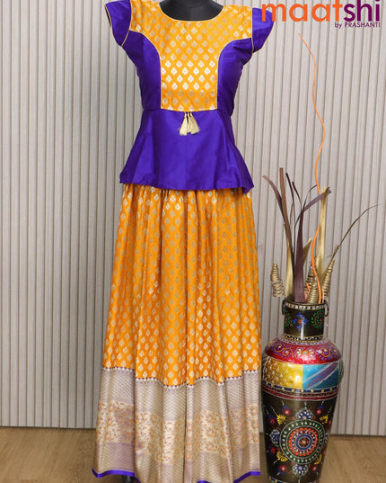 Banarasi kids lehenga blue and mango yellow with patch work neck pattern and self emboss zari weaves & long rich border for 14 years - {{ collection.title }} by Prashanti Sarees