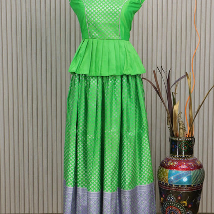 Banarasi kids lehenga fluorescent green and blue with patch work neck pattern and allover silver zari buttas & long rich border for 16 years - {{ collection.title }} by Prashanti Sarees