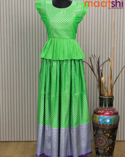Banarasi kids lehenga fluorescent green and blue with patch work neck pattern and allover silver zari buttas & long rich border for 16 years - {{ collection.title }} by Prashanti Sarees