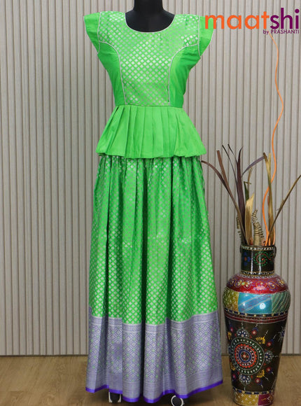 Banarasi kids lehenga fluorescent green and blue with patch work neck pattern and allover silver zari buttas & long rich border for 16 years - {{ collection.title }} by Prashanti Sarees