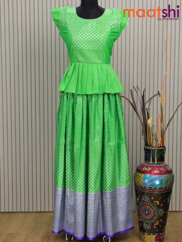 Banarasi kids lehenga fluorescent green and blue with patch work neck pattern and allover silver zari buttas & long rich border for 16 years - {{ collection.title }} by Prashanti Sarees
