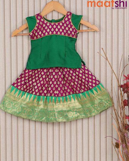 Banarasi kids lehenga green and deep purple with patch work neck pattern and zari buttas & temple design border for 0 year - {{ collection.title }} by Prashanti Sarees