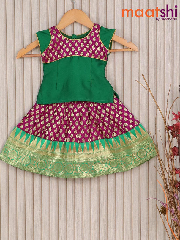 Banarasi kids lehenga green and deep purple with patch work neck pattern and zari buttas & temple design border for 0 year - {{ collection.title }} by Prashanti Sarees