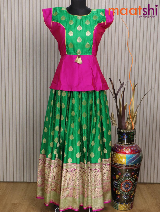 Banarasi kids lehenga magenta pink and green with patch work neck pattern and self emboss zari buttas & long border for 15 years - {{ collection.title }} by Prashanti Sarees