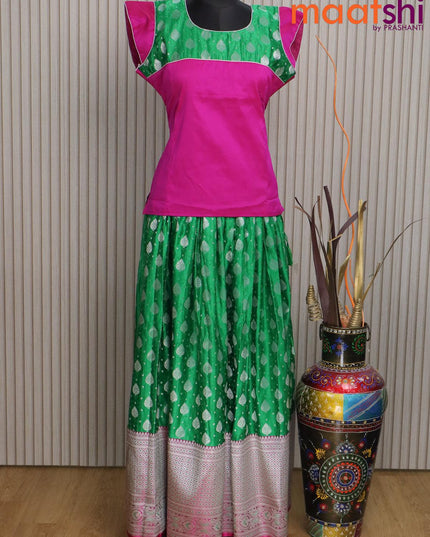Banarasi kids lehenga magenta pink and green with patch work neck pattern and self emboss zari weaves & long silver zari border for 16 years - {{ collection.title }} by Prashanti Sarees
