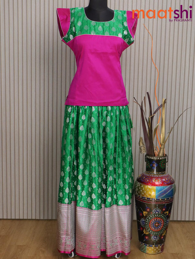 Banarasi kids lehenga magenta pink and green with patch work neck pattern and self emboss zari weaves & long silver zari border for 16 years - {{ collection.title }} by Prashanti Sarees