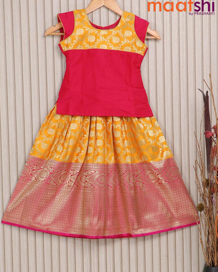Banarasi kids lehenga mustard yellow and pink with patch work neck pattern and floral zari weaves & long border for 5 years - {{ collection.title }} by Prashanti Sarees