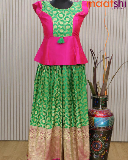 Banarasi kids lehenga pink and green with patch work neck pattern and allover floral zari weaves & zari border for 11 years - {{ collection.title }} by Prashanti Sarees