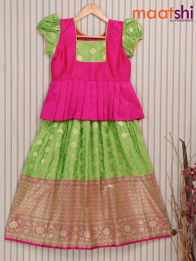 Banarasi kids lehenga pink and light green with patch work neck pattern and floral weaves & long zari woven border for 9 yearss - {{ collection.title }} by Prashanti Sarees