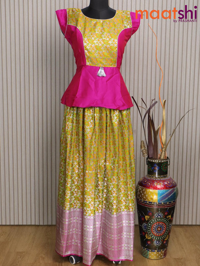 Banarasi kids lehenga pink and mustard yellow with patch work neck pattern and self emboss zari weaves & long silver zari border for 16 years - {{ collection.title }} by Prashanti Sarees