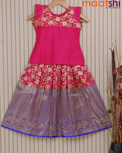 Banarasi kids lehenga pink and royal blue with patch work neck pattern and floral zari weaves & long border for 6 years - {{ collection.title }} by Prashanti Sarees