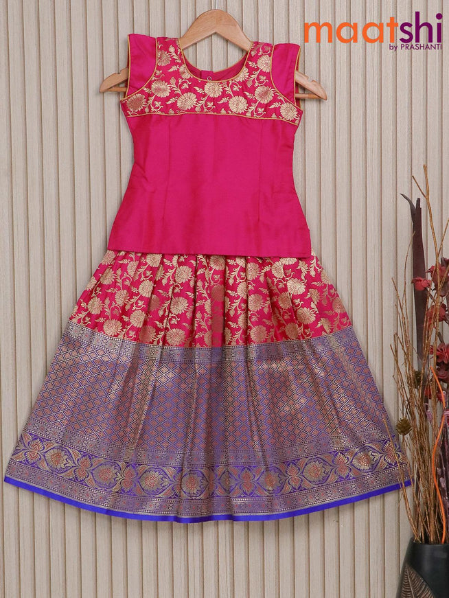 Banarasi kids lehenga pink and royal blue with patch work neck pattern and floral zari weaves & long border for 6 years - {{ collection.title }} by Prashanti Sarees