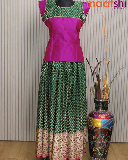 Banarasi kids lehenga purple shade and dark green with patch work neck pattern and zari butta weaves & long floral design border for 15 years - {{ collection.title }} by Prashanti Sarees