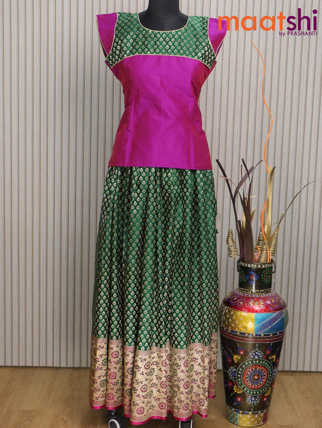Banarasi kids lehenga purple shade and dark green with patch work neck pattern and zari butta weaves & long floral design border for 15 years - {{ collection.title }} by Prashanti Sarees