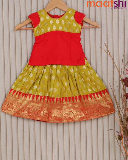 Banarasi kids lehenga red and lime yellow with patch work neck pattern and zari buttas & temple design border for 1 year - {{ collection.title }} by Prashanti Sarees