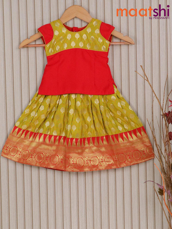 Banarasi kids lehenga red and lime yellow with patch work neck pattern and zari buttas & temple design border for 1 year - {{ collection.title }} by Prashanti Sarees