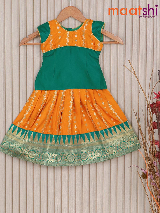 Banarasi kids lehenga teal green and mango yellow with patch work neck pattern and zari weaves & temple design border for 1 year - {{ collection.title }} by Prashanti Sarees