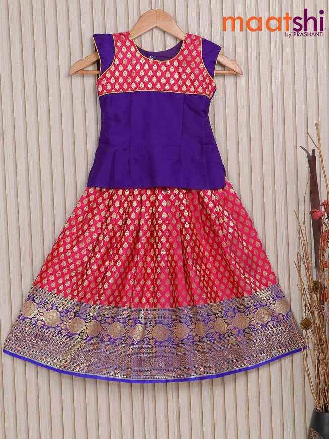 Banarasi kids lehenga violet shade and pink with patch work neck pattern and zari butta weaves & floral zari woven border for 5 years - {{ collection.title }} by Prashanti Sarees