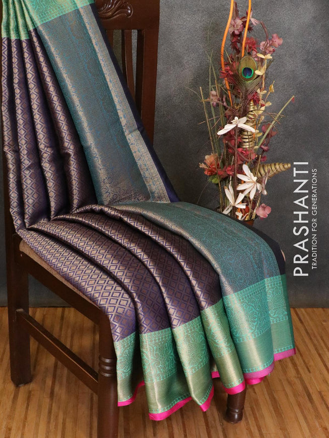 Banarasi kora saree blue and teal green with allover geometric zari weaves and zari woven border - {{ collection.title }} by Prashanti Sarees
