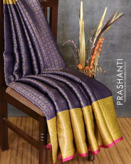 Banarasi kora saree blue and yellow with allover zari weaves and floral zari woven border - {{ collection.title }} by Prashanti Sarees