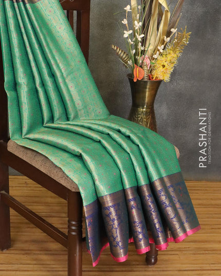 Banarasi kora saree green and blue with allover checked & zari buttas and annam zari woven border - {{ collection.title }} by Prashanti Sarees