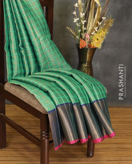 Banarasi kora saree green and blue with allover checked & zari buttas and zari woven border - {{ collection.title }} by Prashanti Sarees