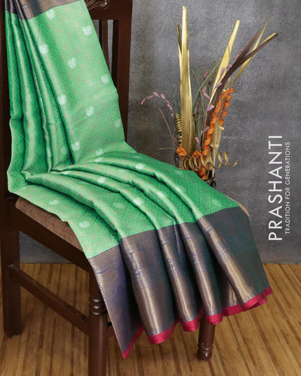 Banarasi kora saree green and blue with allover zari weaves and long zari woven border - {{ collection.title }} by Prashanti Sarees