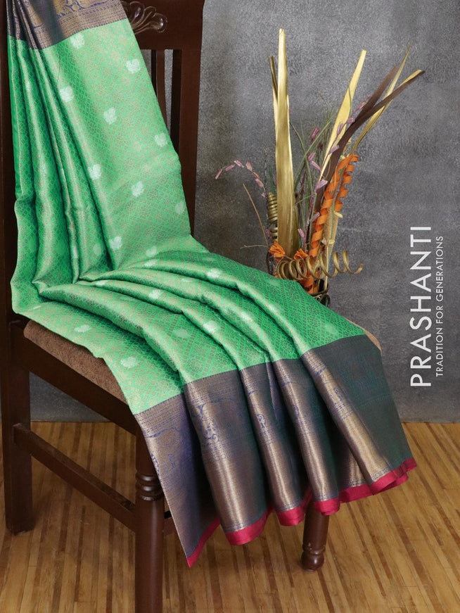 Banarasi kora saree green and blue with allover zari weaves and long zari woven border - {{ collection.title }} by Prashanti Sarees