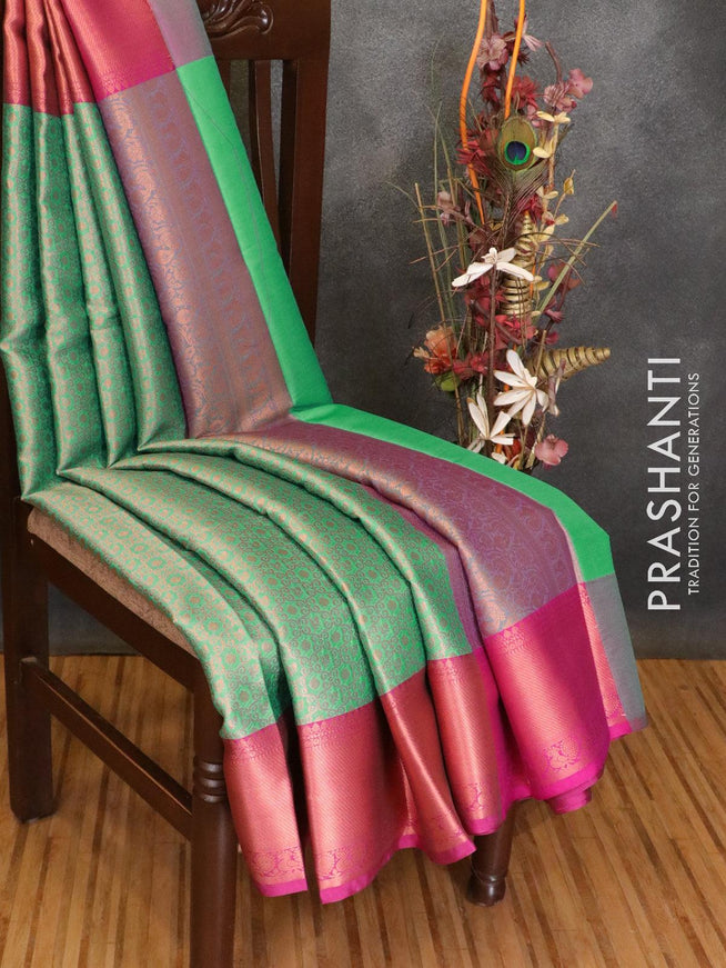 Banarasi kora saree green and magenta pink with allover copper zari weaves and copper zari woven border - {{ collection.title }} by Prashanti Sarees