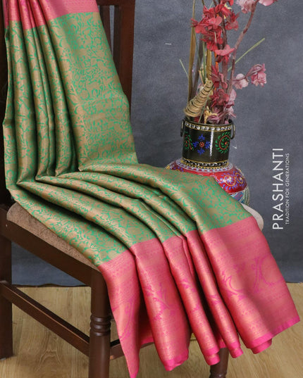 Banarasi kora saree green and magenta pink with allover zari weaves and long zari woven border - {{ collection.title }} by Prashanti Sarees