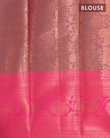 Banarasi kora saree green and magenta pink with allover zari weaves and long zari woven border - {{ collection.title }} by Prashanti Sarees
