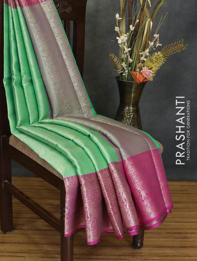 Banarasi kora saree green and magenta pink with allover zari weaves and zari woven border - {{ collection.title }} by Prashanti Sarees