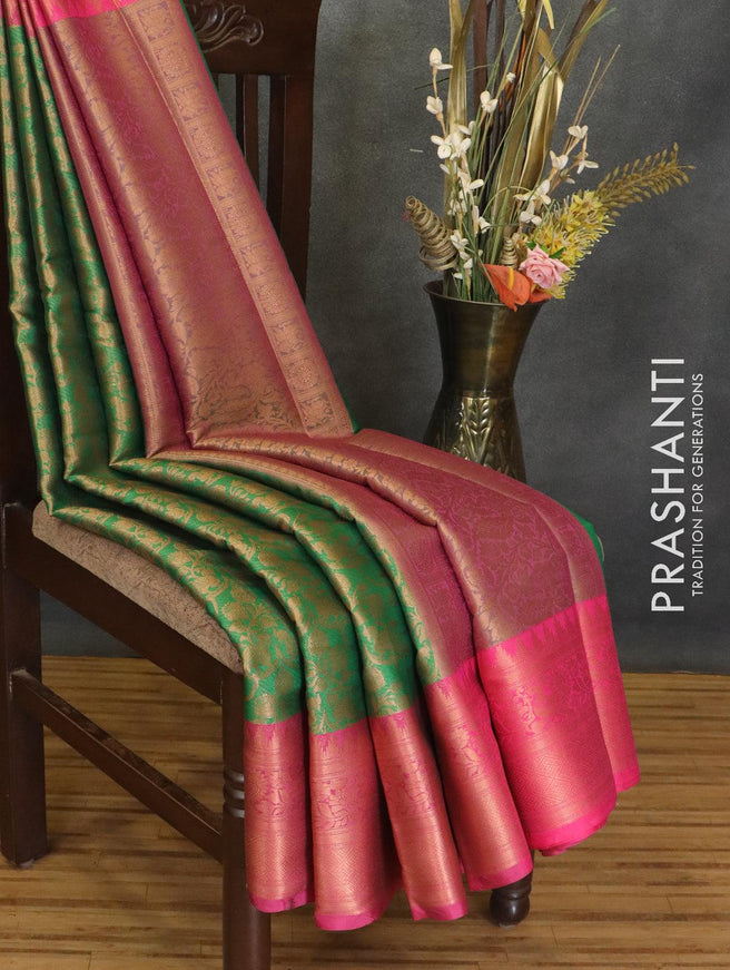 Banarasi kora saree green and pink with allover copper zari weaves and copper zari woven border - {{ collection.title }} by Prashanti Sarees