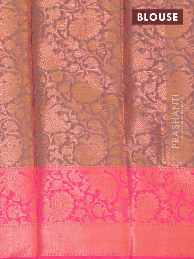 Banarasi kora saree green and pink with allover copper zari weaves and copper zari woven border - {{ collection.title }} by Prashanti Sarees