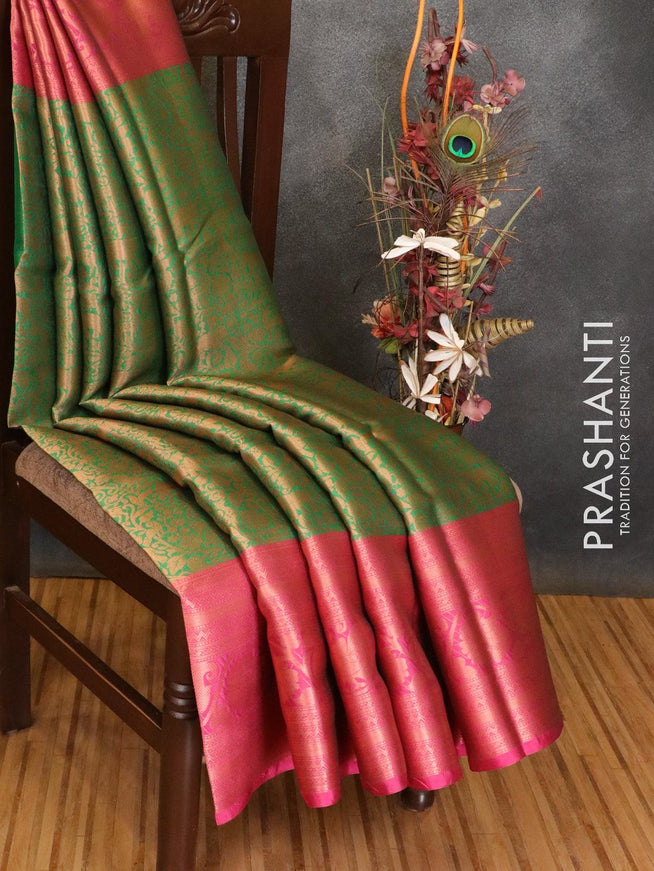 Banarasi kora saree green and pink with allover copper zari weaves and long annam copper zari woven border - {{ collection.title }} by Prashanti Sarees
