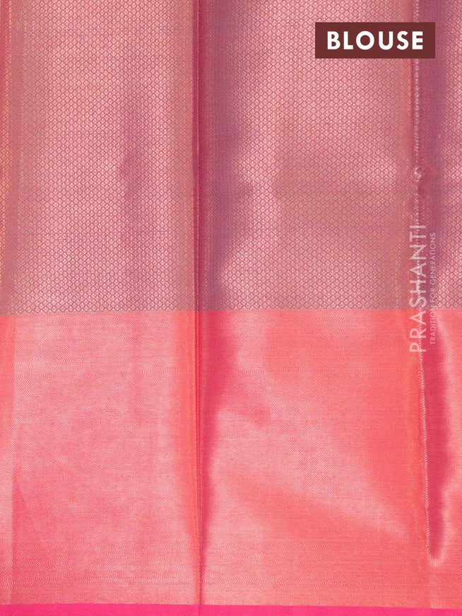 Banarasi kora saree green and pink with allover copper zari weaves and long annam copper zari woven border - {{ collection.title }} by Prashanti Sarees