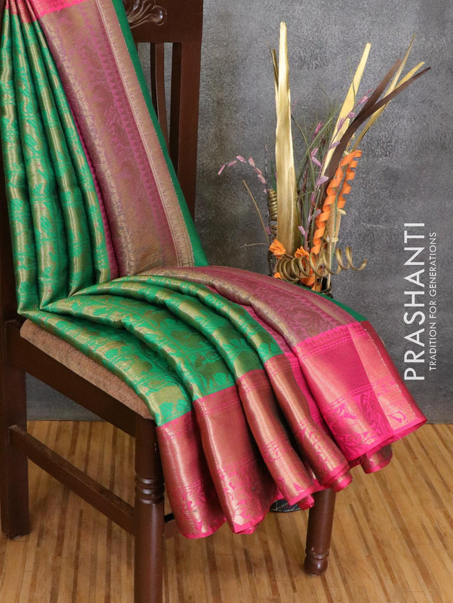 Banarasi kora saree green and pink with allover zari checks & buttas and zari woven border - {{ collection.title }} by Prashanti Sarees