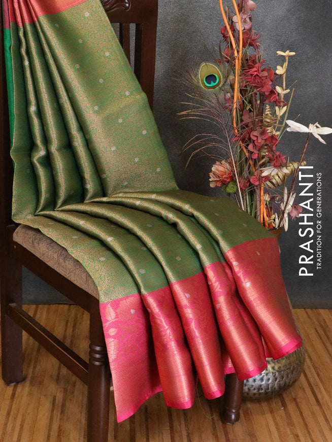 Banarasi kora saree green and pink with allover zari weaves and floral zari woven border - {{ collection.title }} by Prashanti Sarees