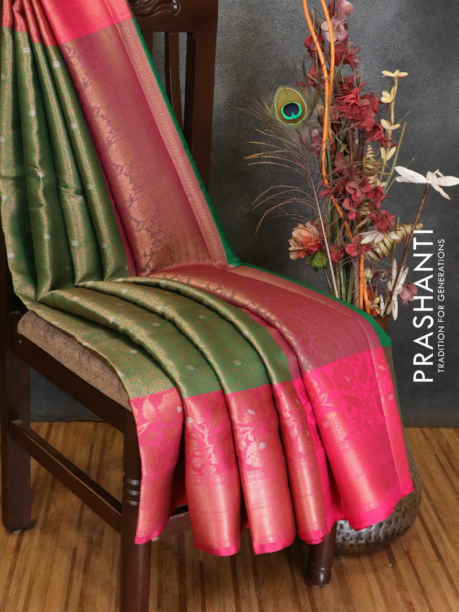 Banarasi kora saree green and pink with allover zari weaves and floral zari woven border - {{ collection.title }} by Prashanti Sarees