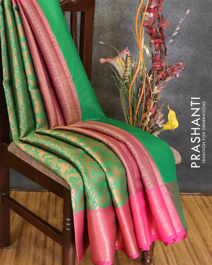 Banarasi kora saree green and pink with allover zari weaves and zari woven border - {{ collection.title }} by Prashanti Sarees