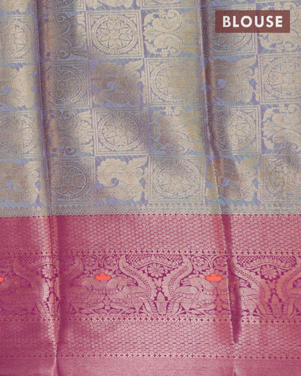 Banarasi kora saree green and purple with allover zari weaves and long zari woven border - {{ collection.title }} by Prashanti Sarees