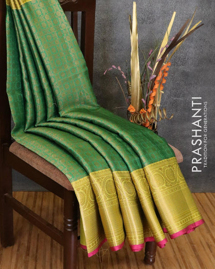 Banarasi kora saree green and yellow with allover zari weaves and floral zari woven border - {{ collection.title }} by Prashanti Sarees