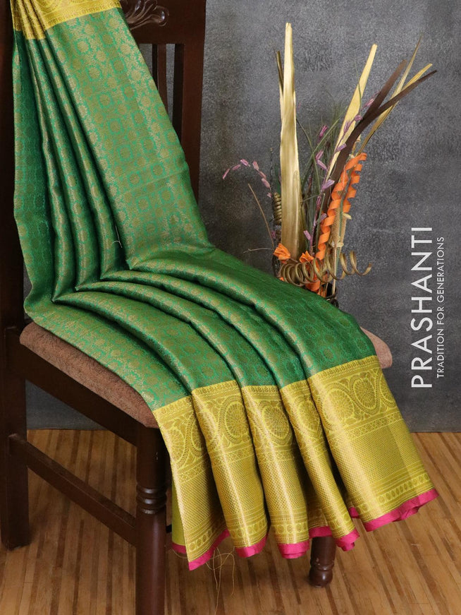 Banarasi kora saree green and yellow with allover zari weaves and floral zari woven border - {{ collection.title }} by Prashanti Sarees
