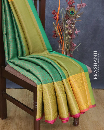 Banarasi kora saree green and yellow with allover zari weaves and long zari woven border - {{ collection.title }} by Prashanti Sarees