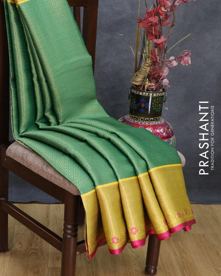 Banarasi kora saree green and yellow with allover zari weaves and zari woven border - {{ collection.title }} by Prashanti Sarees