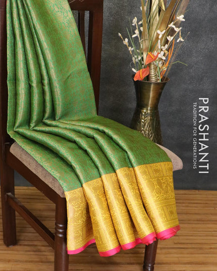 Banarasi kora saree green and yellow with allover zari weaves and zari woven border - {{ collection.title }} by Prashanti Sarees