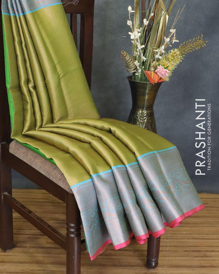 Banarasi kora saree green shade and blue with allover copper zari weaves and long copper zari woven border - {{ collection.title }} by Prashanti Sarees