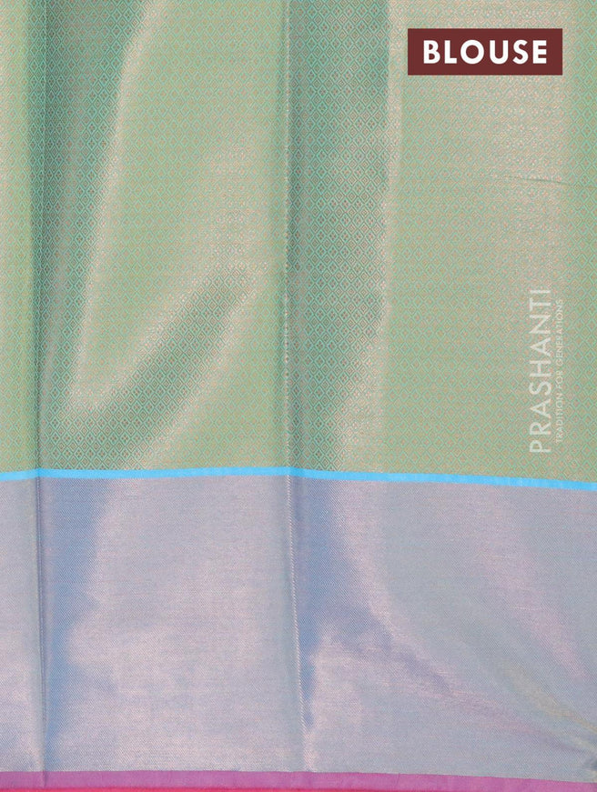 Banarasi kora saree green shade and blue with allover copper zari weaves and long copper zari woven border - {{ collection.title }} by Prashanti Sarees
