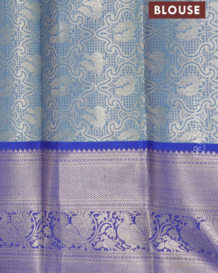 Banarasi kora saree light blue and blue with allover silver zari weaves and long zari woven border - {{ collection.title }} by Prashanti Sarees